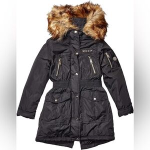 DKNY Kids Black Puffer Coat with Faux Fur Hood 4t